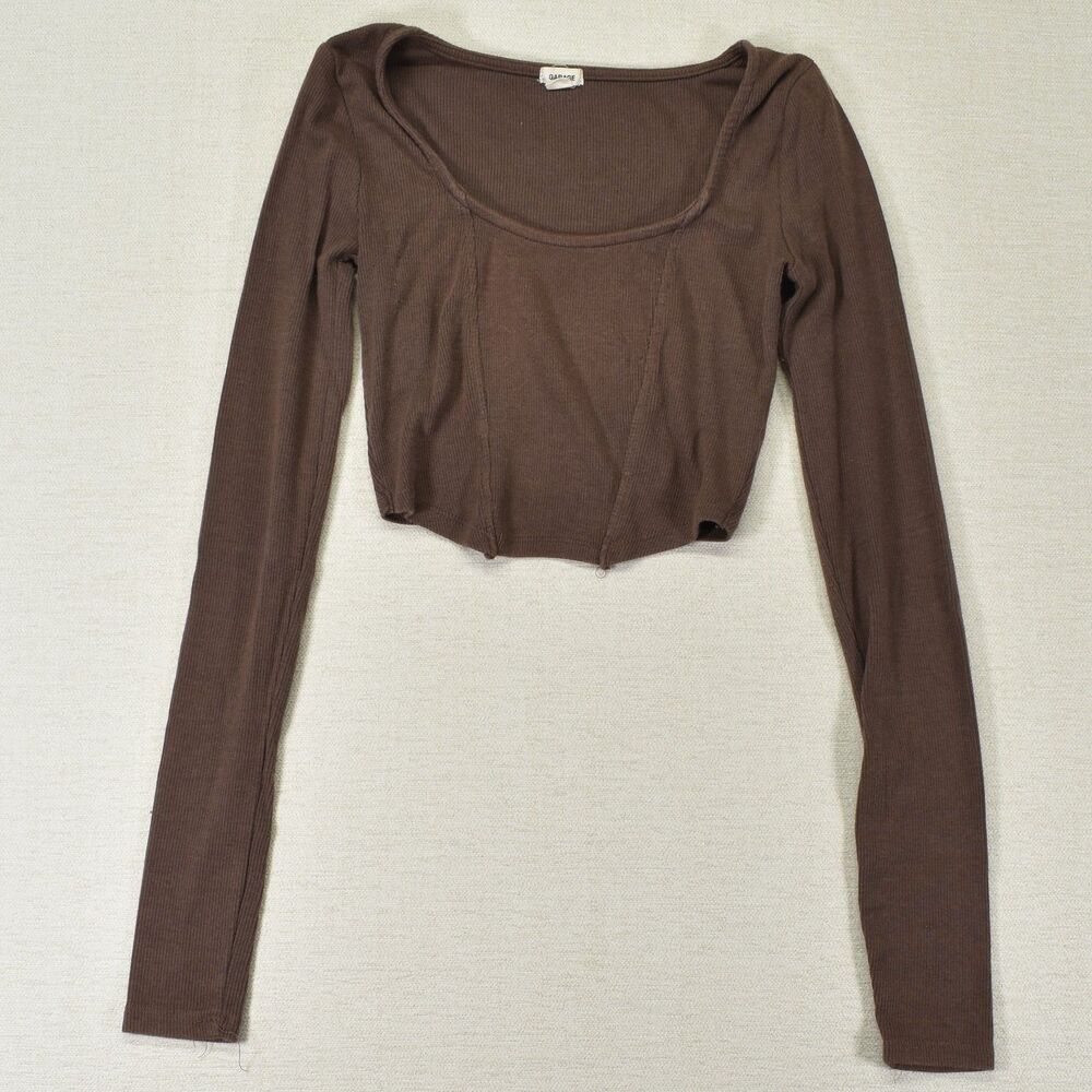 Garage Cropped Long Sleeve Shirt Brown XS Ribbed Corset Seam Scoop Neck